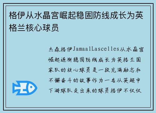 格伊从水晶宫崛起稳固防线成长为英格兰核心球员