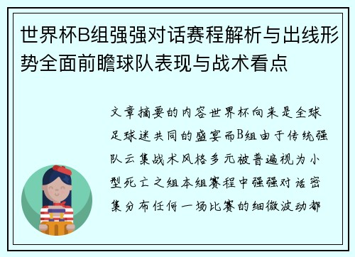世界杯B组强强对话赛程解析与出线形势全面前瞻球队表现与战术看点